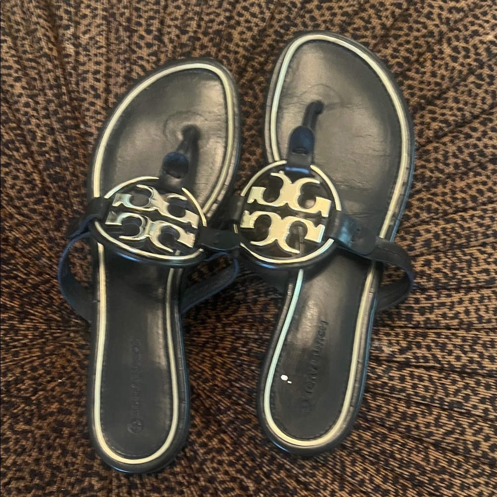Tory Burch Black Leather Logo Thong Sandals with Gold Emblem